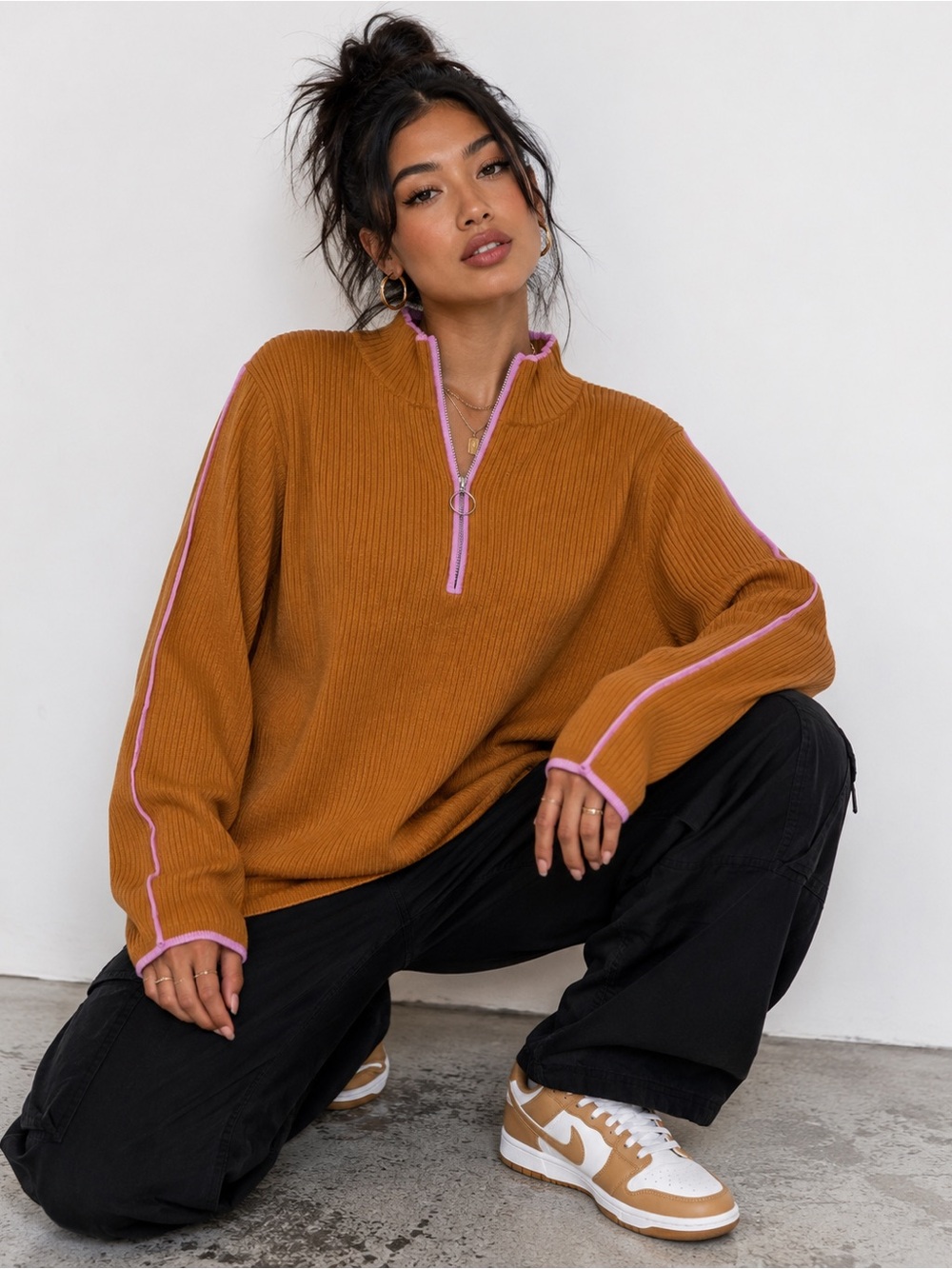 Ava & Viv Rust Brown V-Neck Pullover with Pink Trim NWOT